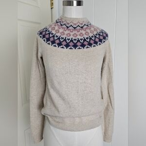 L.L. Bean Cashmere Cream Sweater with Pink and Blue Nordic Pattern Size XS